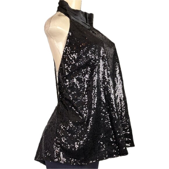 New York & Co. +4X Black Sequin Lined High Satin Neck Open Back Halter Blouse - Picture 5 of 6
